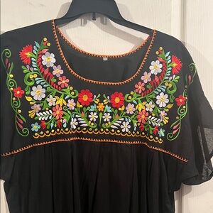 MEXICANA Black Blouse with Colorful Floral Embroidery